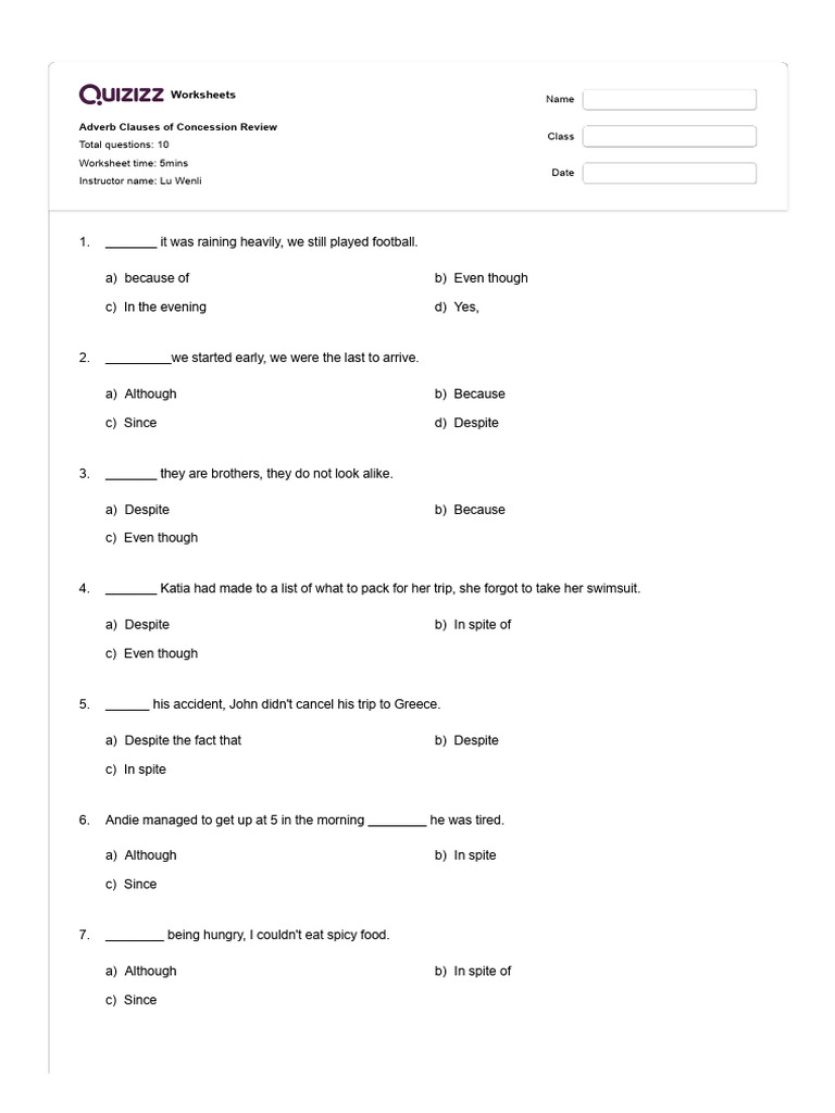 Adverb Clause Concession Exercises | PDF