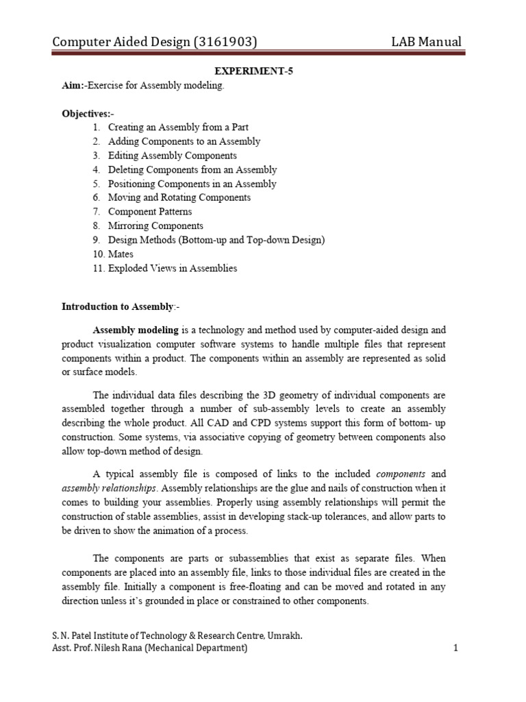 Assembly Modeling in CAD Lab Manual | PDF | Computer Aided Design