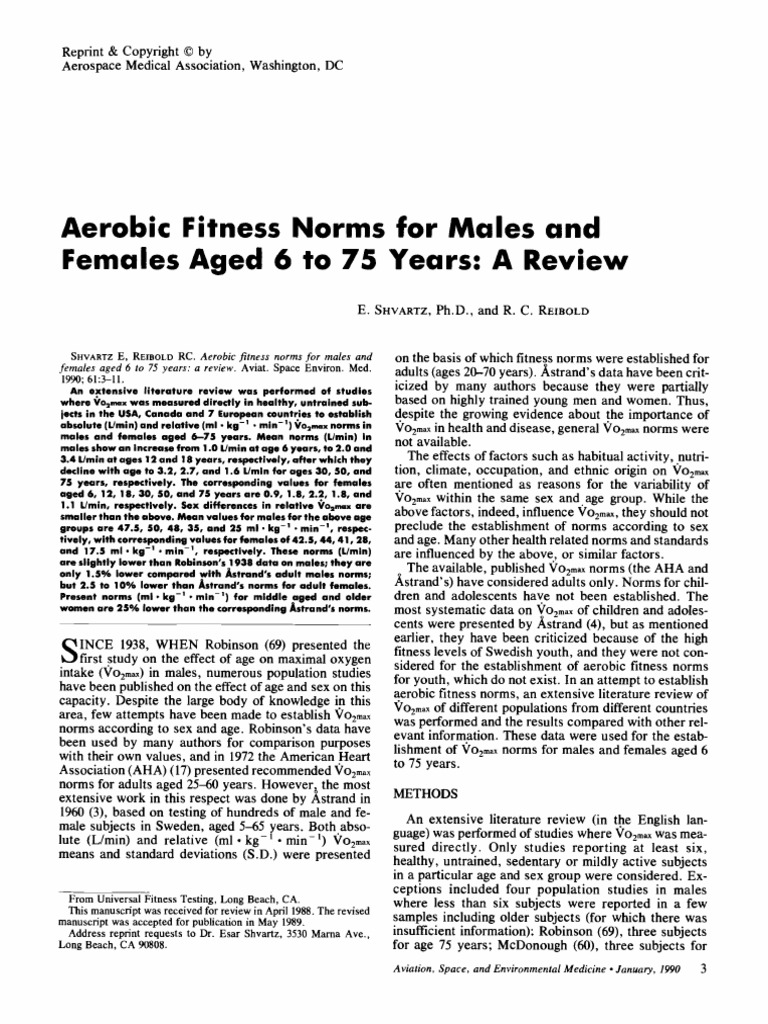 Aerobic Fitness Norms For Males and Females Aged 6 To 75 Years: A ...