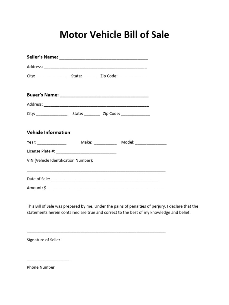 Motor Vehicle Bill of Sale Template | PDF