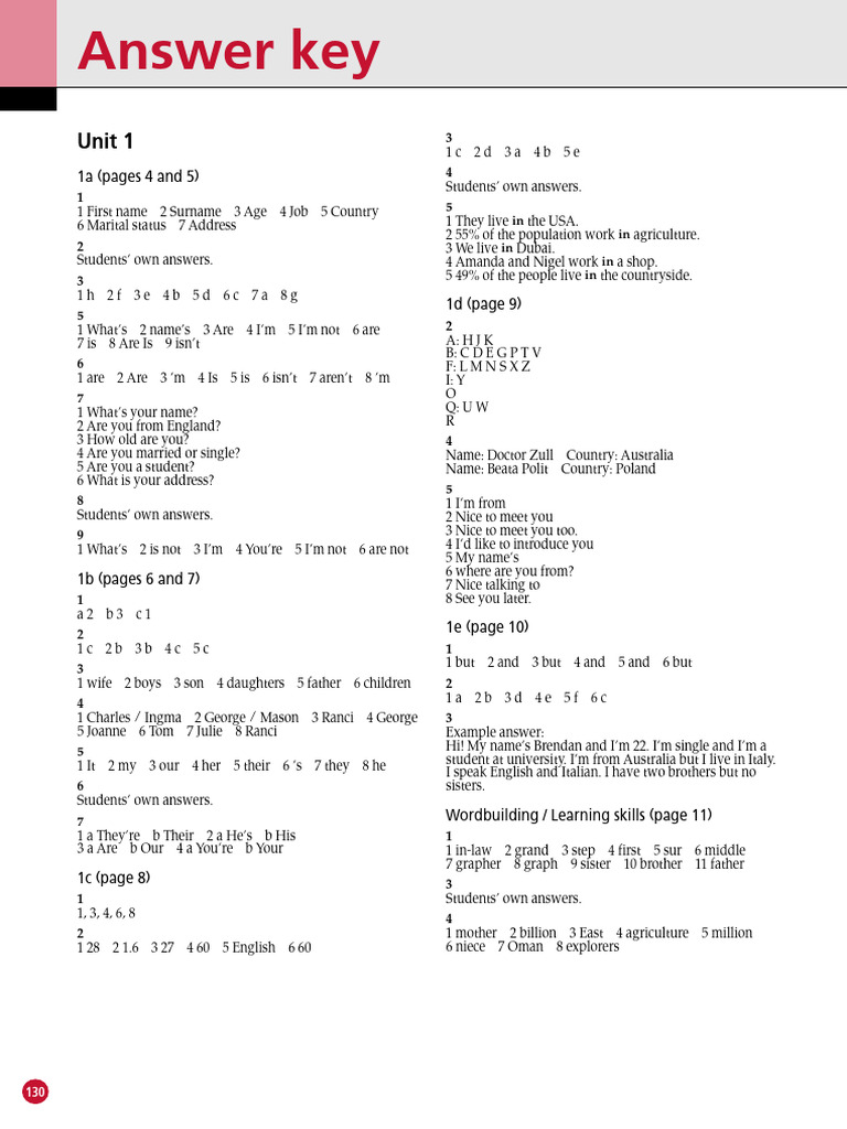 A1-A2 Workbook Answer Key | PDF | Pasta