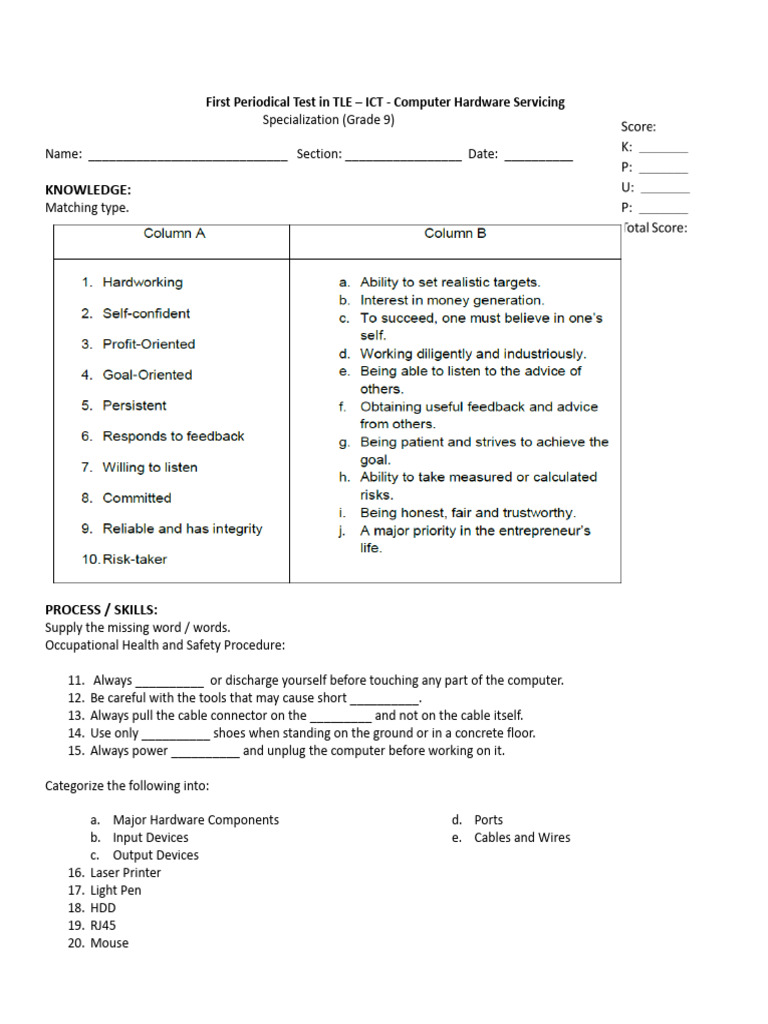 Grade 9 Computer Hardware Test | PDF | Computer Engineering | Electronics