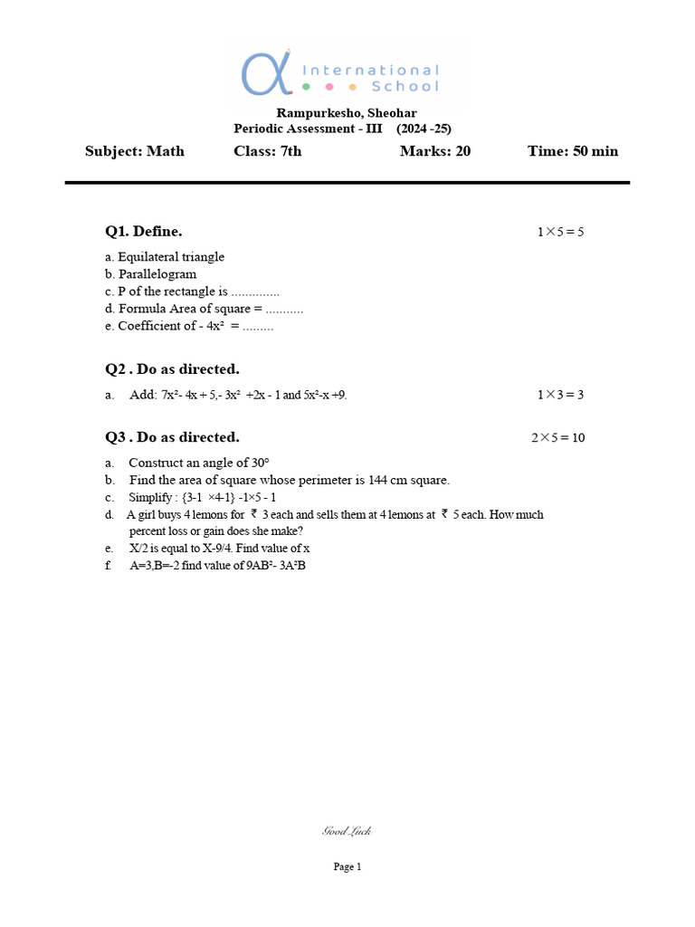 Class 7th - Pa3 Math | PDF