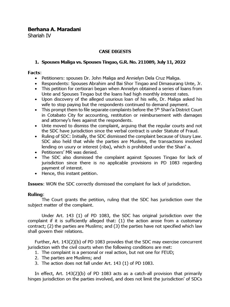 1st Case Digest in Shariah IV | PDF | Child Custody | Complaint