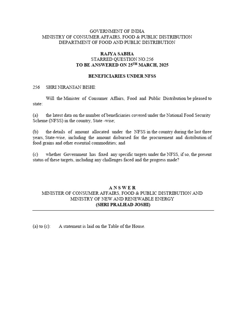 Parliament Question - Beneficafries Under NFSS | PDF | Economy Of India ...
