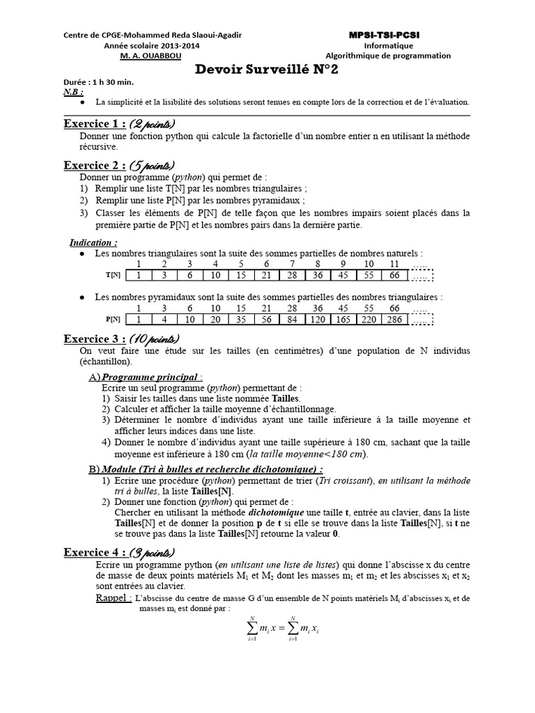 Devoir Surveillé Python : Algorithmes et Listes | PDF | Informatique ...