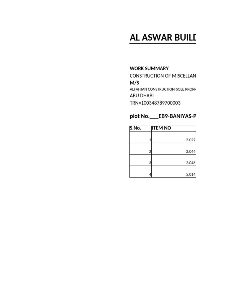 Al Aswar Building Co. Construction Summary | PDF
