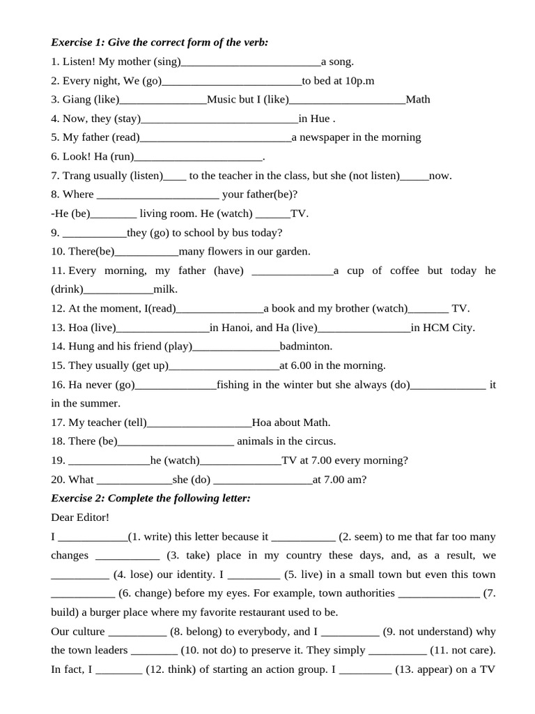 Exercise About Present Simple and Present Continuous Tense | PDF