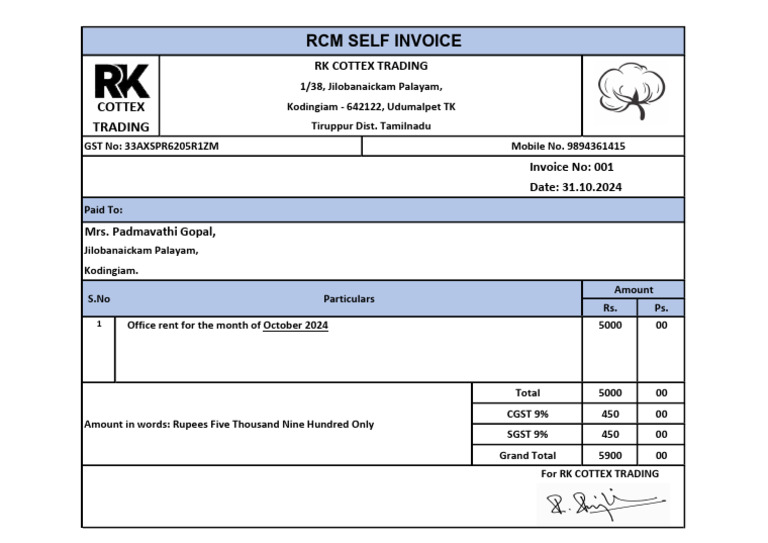RCM Self Invoice for Office Rent | PDF