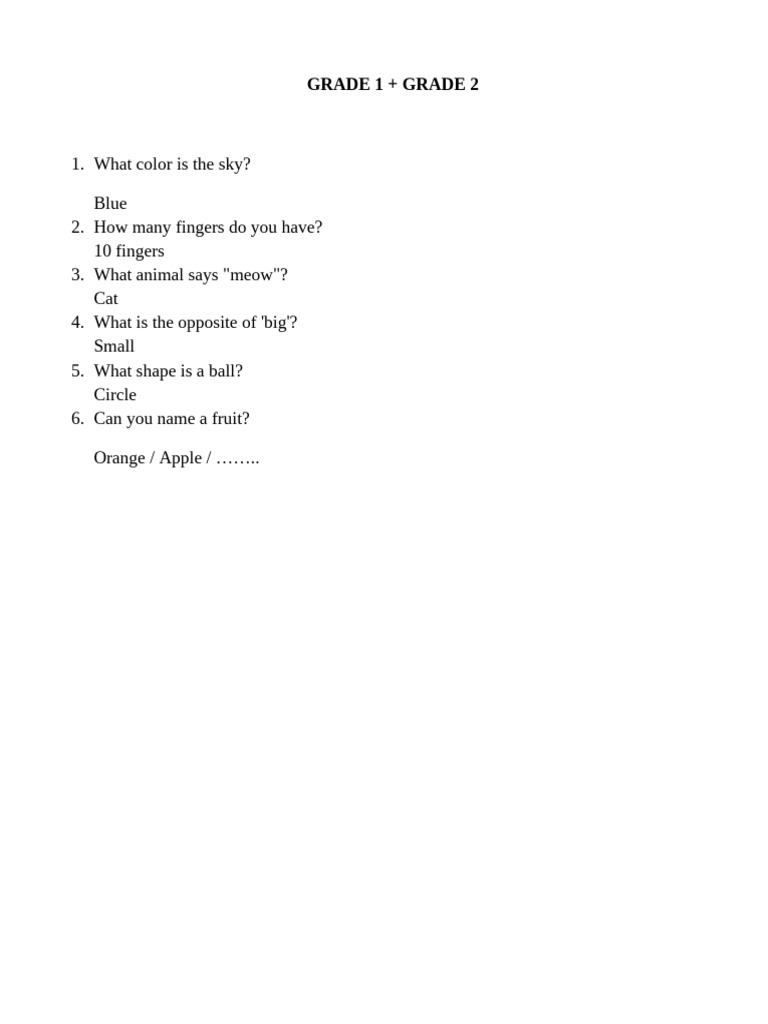 Grade 1 & 2 Basic Questions Guide | PDF