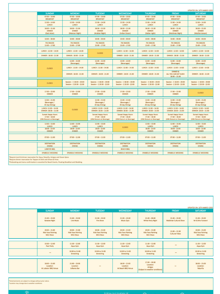 Weekly Dining and Entertainment Schedule | PDF | Lunch | Dinner