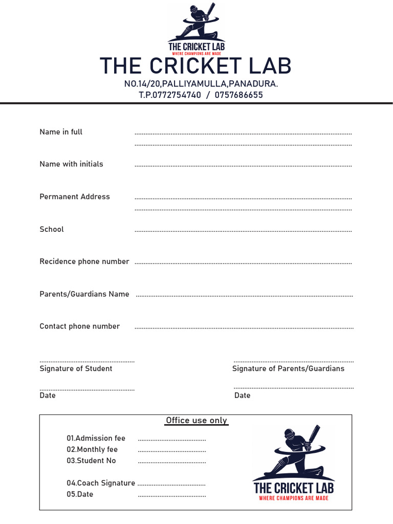 Cricket Lab Admission Form Template | PDF