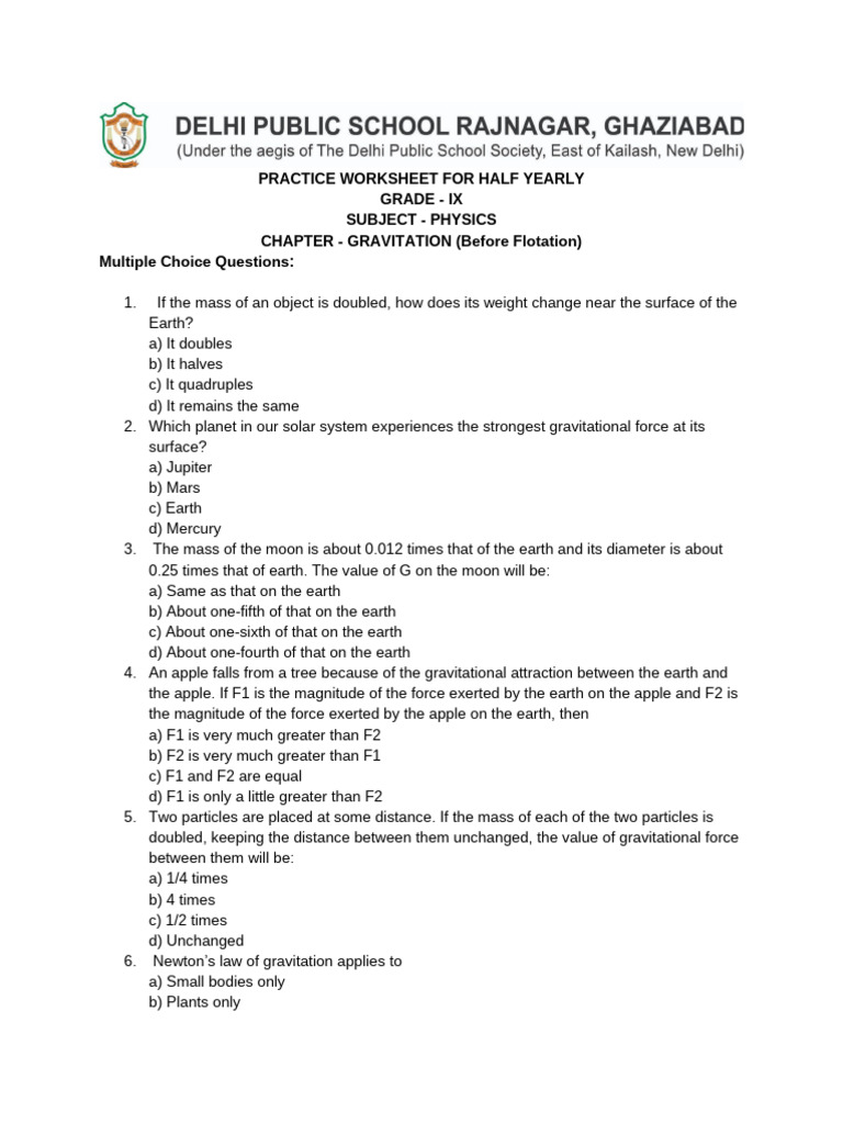 Grade IX Physics Worksheet: Gravitation | PDF | Gravity | Mass