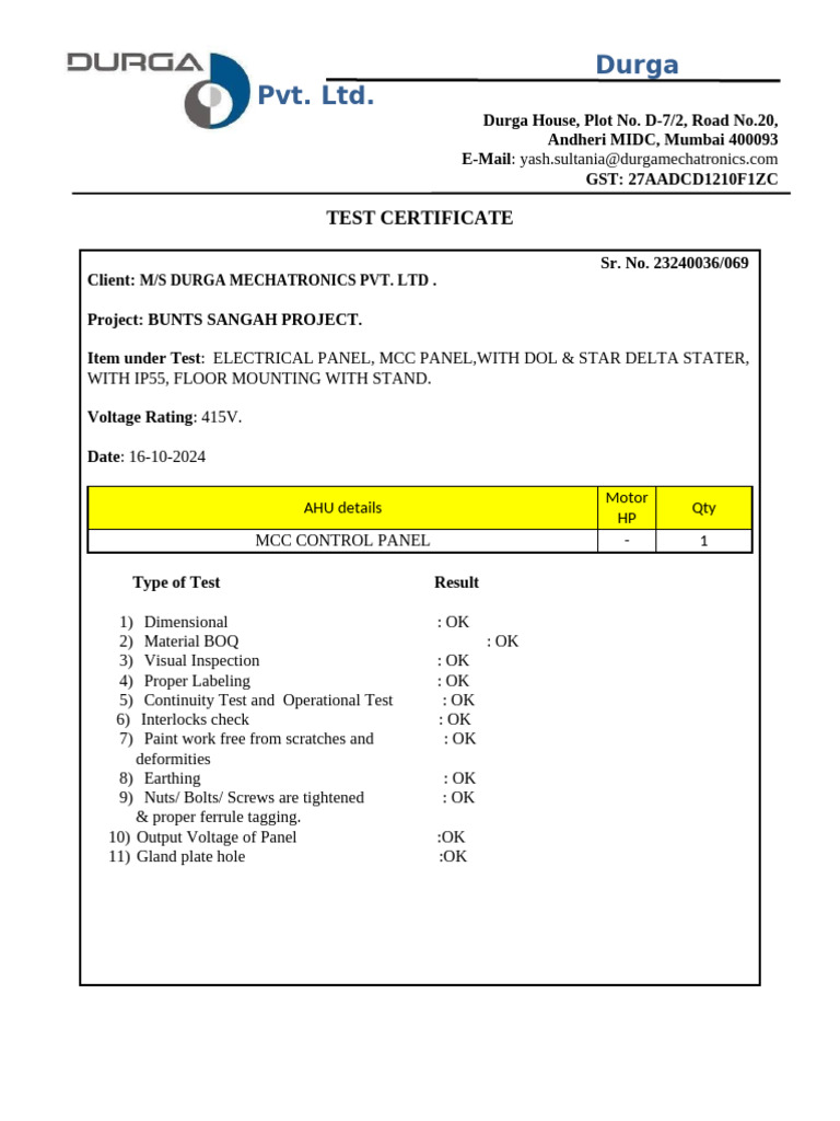 Test Certificate for MCC Panel | PDF