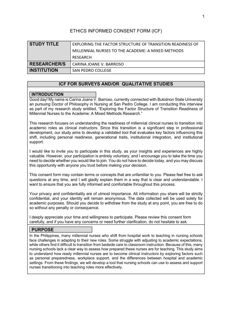 Barroso - Ethics Informed Consent Form | PDF | Focus Group | Nursing
