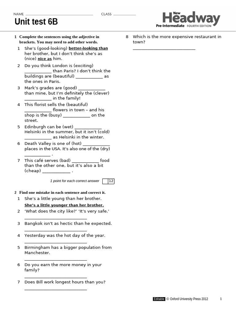 Unit Test 6B: Adjectives and Comparisons | PDF