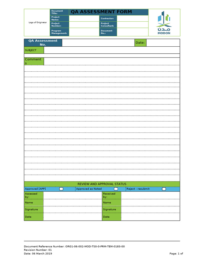 QA Assessment Form for Projects | PDF