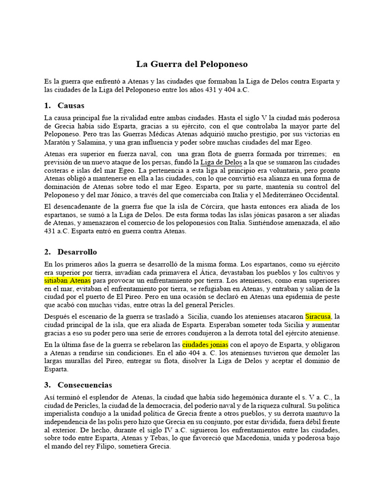 Causas y consecuencias de la Guerra del Peloponeso | PDF | Guerra del ...