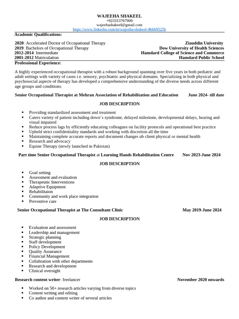 Experienced Occupational Therapist Profile | PDF | Occupational Therapy ...