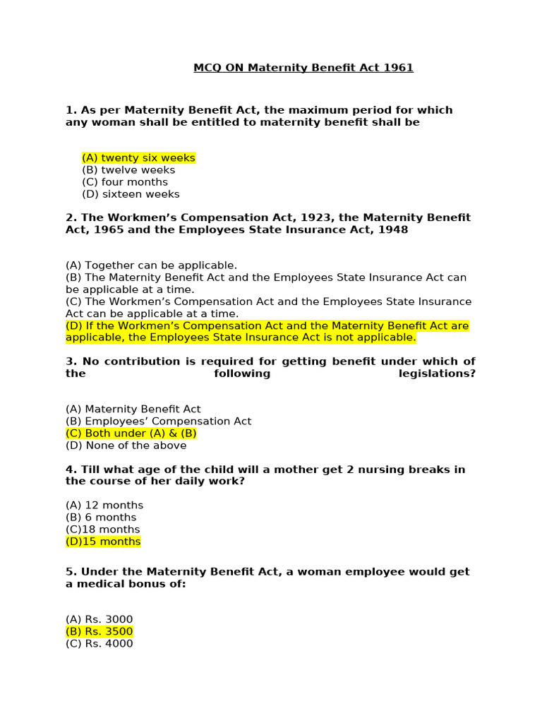 MCQs on Maternity Benefit Act 1961 | PDF