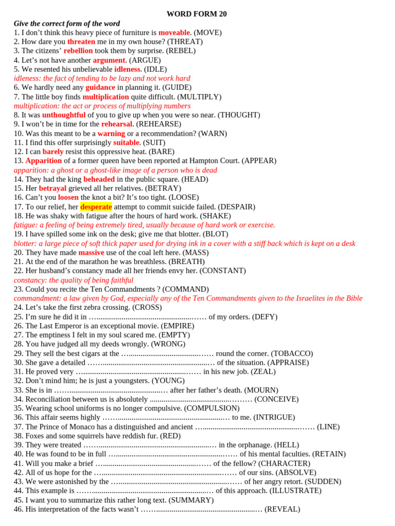 Word Form Exercises for Vocabulary Building | PDF
