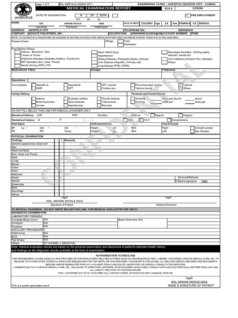 Annual Pre-Employment Physical Exam | PDF | Physical Examination ...
