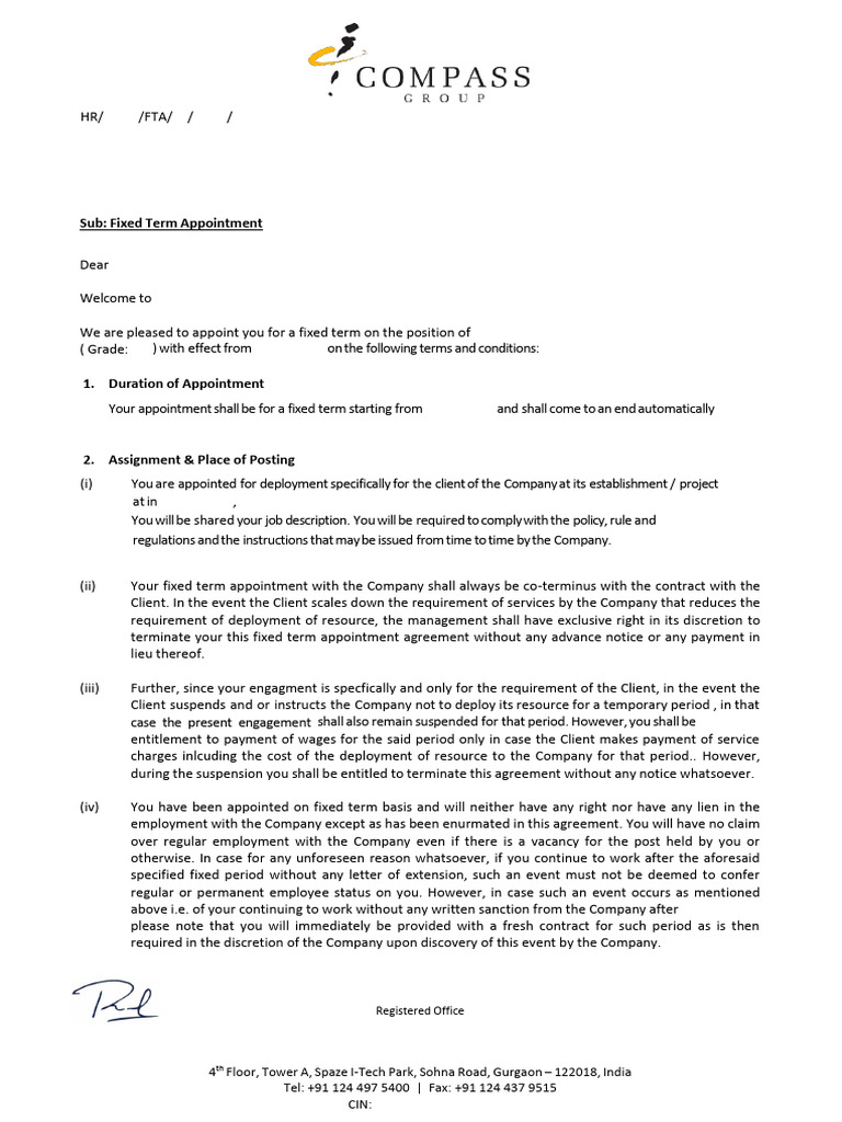 Fixed Term Appointment Agreement | PDF | Employment | Salary