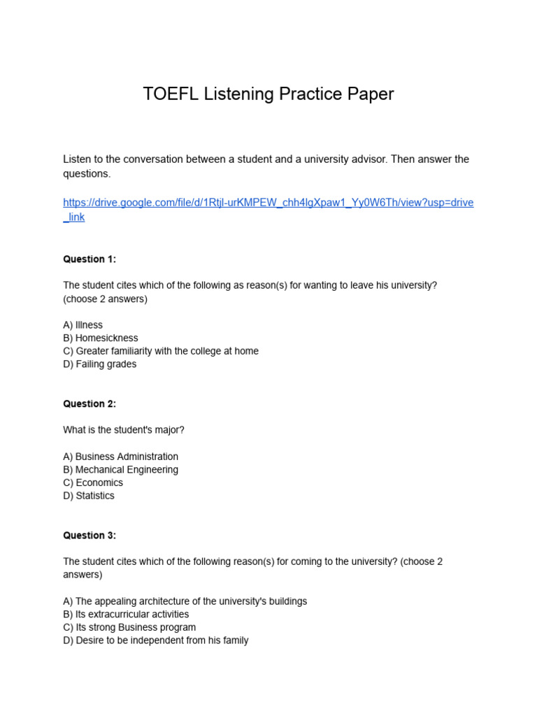 7 Toefl Listening Practice Paper Pdf