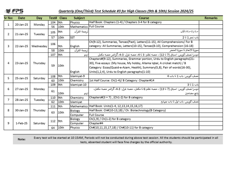 10th Class Test Schedule 2025 | PDF | Linguistics