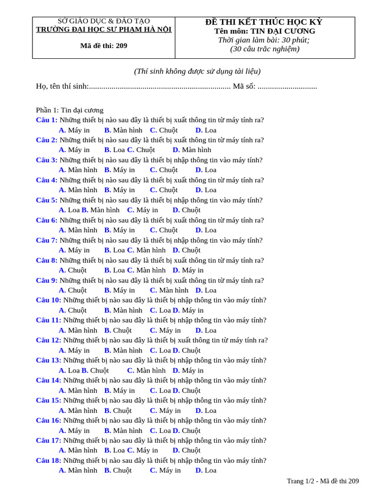Đề thi mã 209 | PDF