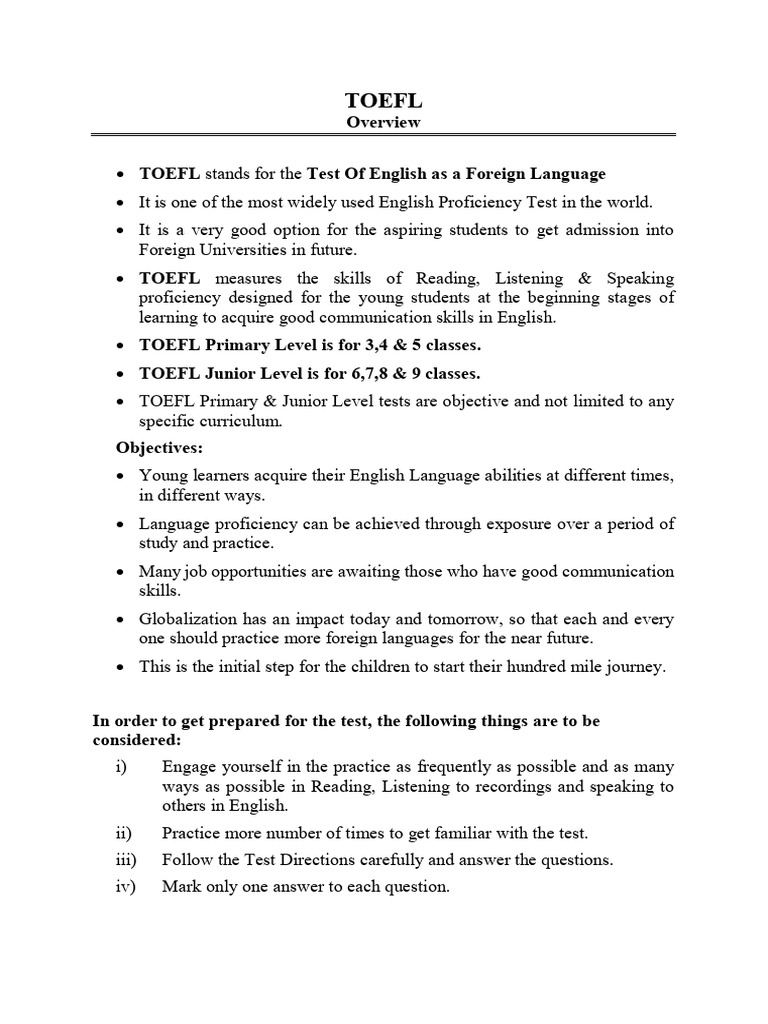 TOEFL Practice for Primary & Junior Levels | PDF | Test Of English As A ...
