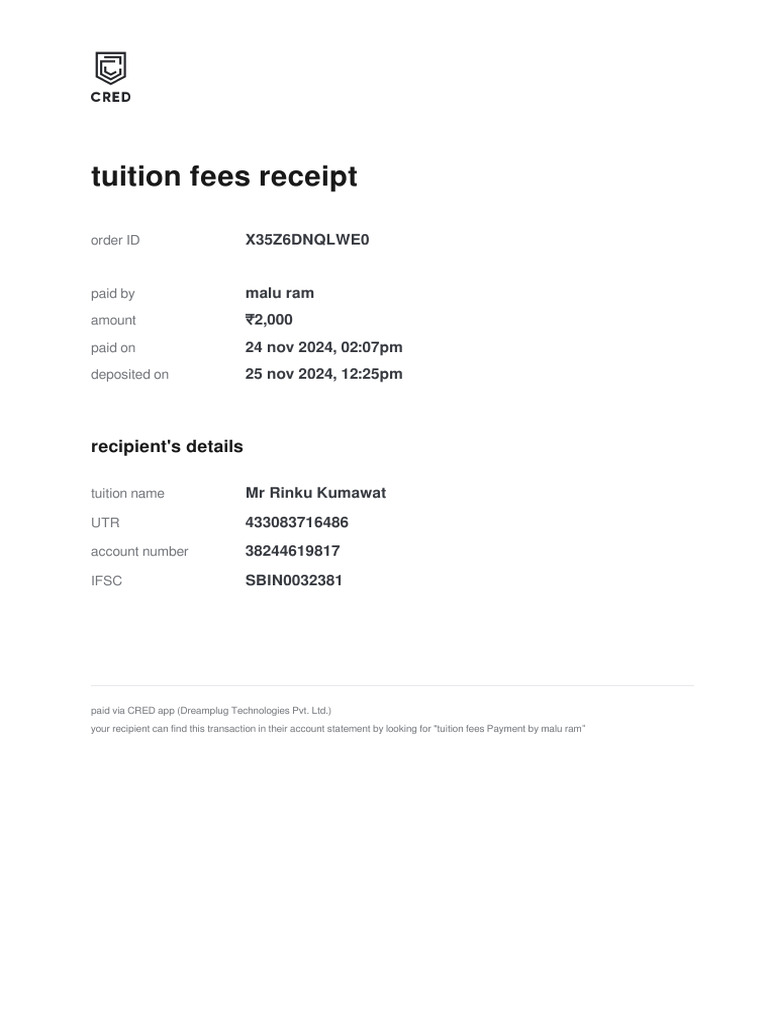 Tuition Fees Receipt: Recipient's Details | PDF