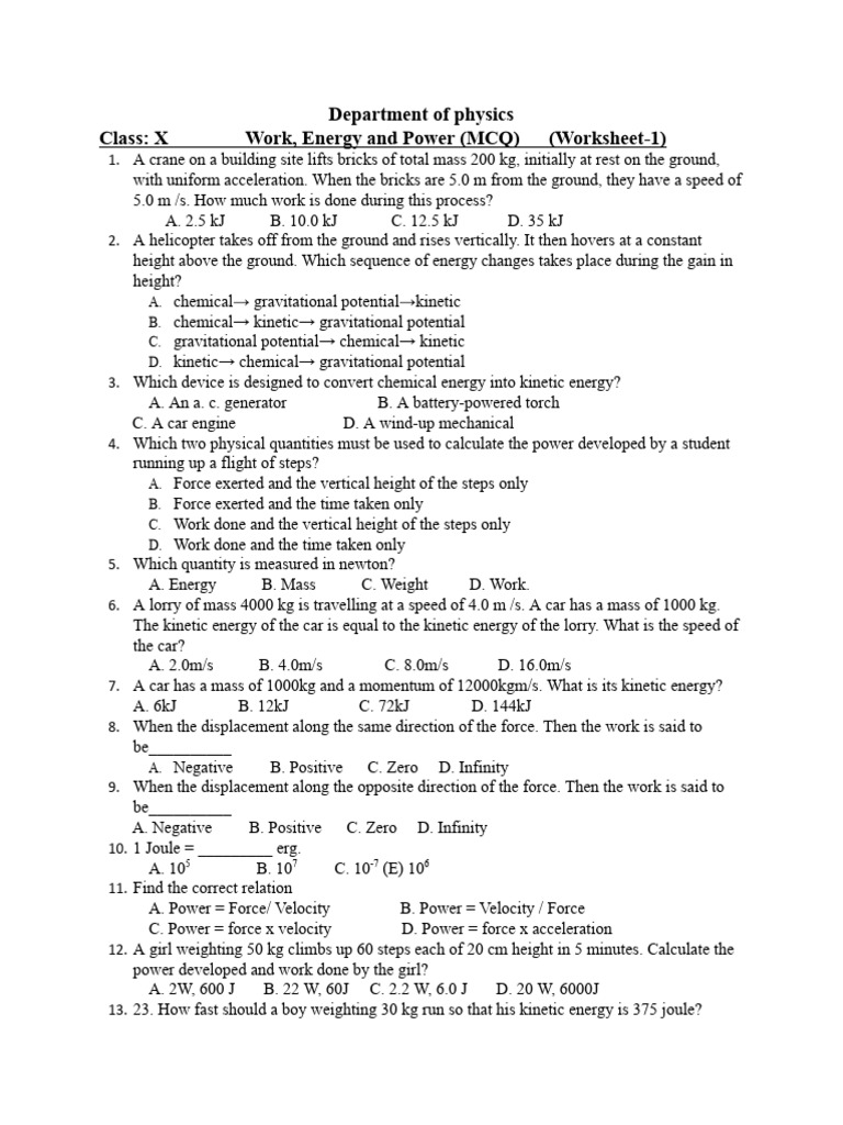 Mcq's Work Energy and Power. Limited Edition by Department of Physics ...