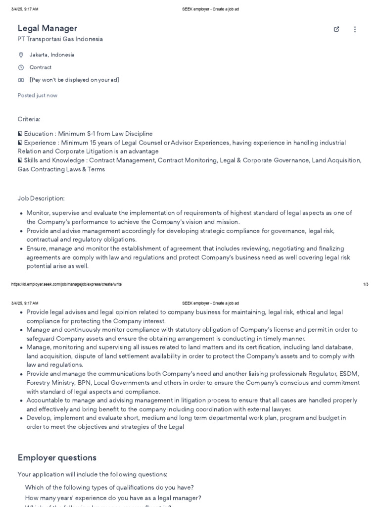 SEEK Employer - Legal Manager | PDF | Regulatory Compliance | Governance