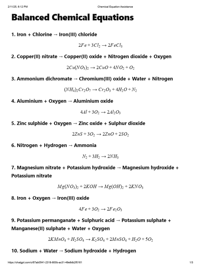 Balanced Chemical Equations List | PDF | Oxide | Hydroxide