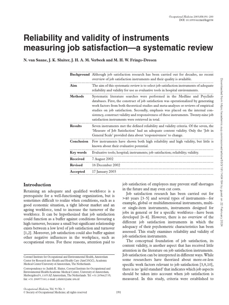 Job Satisfaction Instruments Review | PDF | Validity (Statistics) | Job ...
