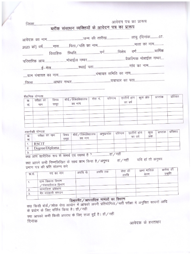Rajasthan Block Resource Person Recruitment Application Form | PDF