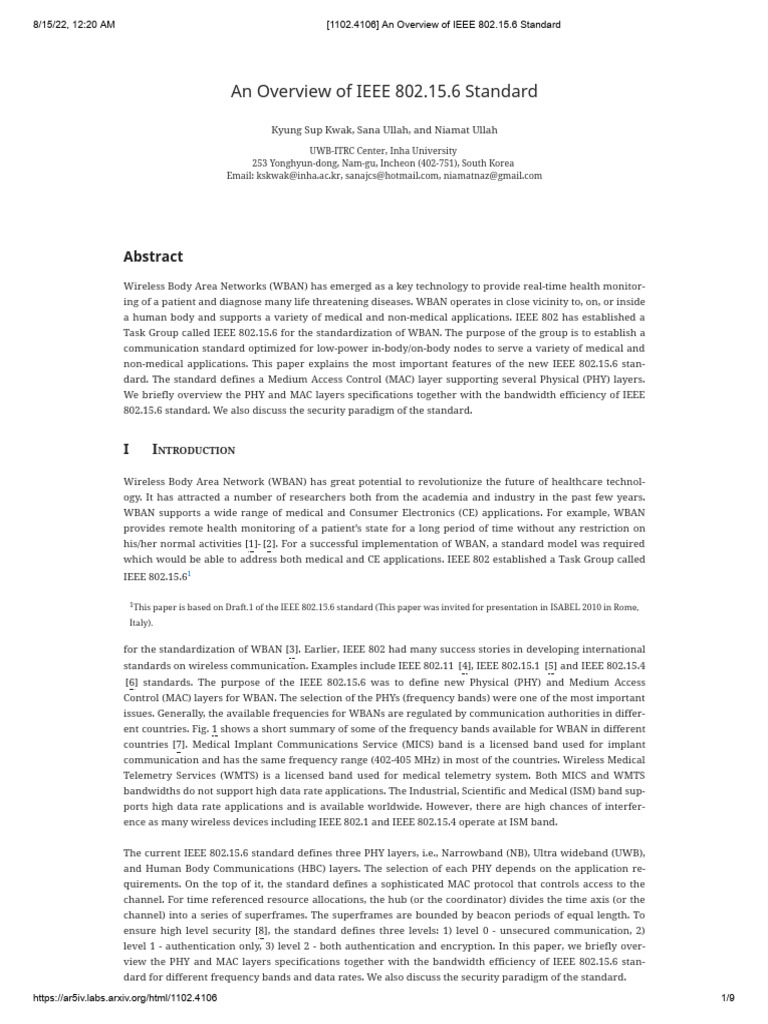 Overview of IEEE 802.15.6 Standard | PDF | Ultra Wideband | Network Packet