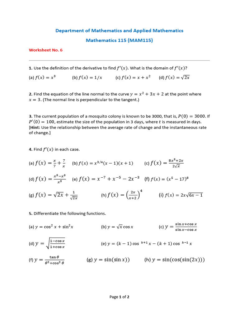 Derivative and Differentiation Worksheet | PDF | Derivative ...