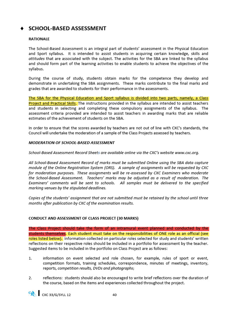 CSEC Physical Education SBA Guidelines | PDF | Educational Assessment ...
