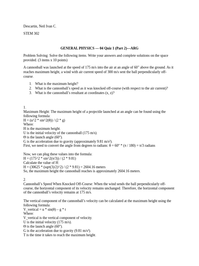 GEN PHYSICS 04 Quiz 1 Descartin | PDF | Angle | Velocity