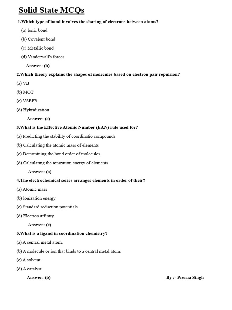 Solid State Chemistry MCQs Guide | PDF