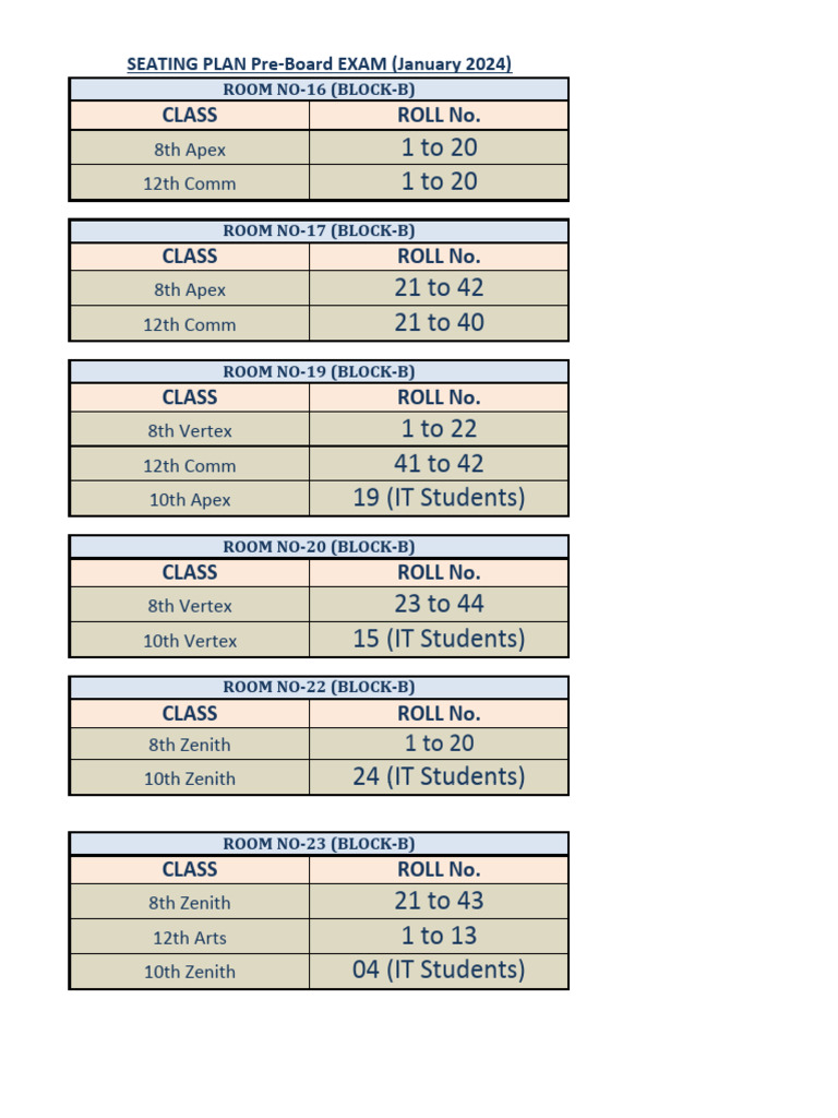 Pre-Board Exam Seating Plan January 2024 | PDF