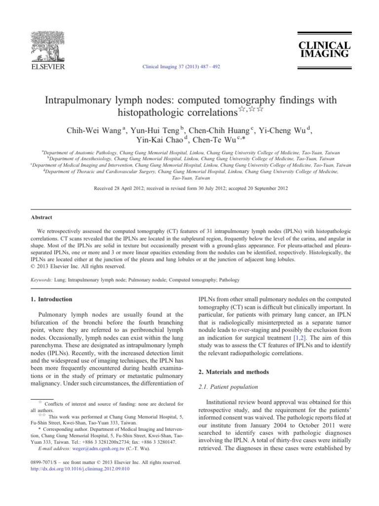 CT Features of Benign Intrapulmonary Lymph Nodes | PDF | Ct Scan ...