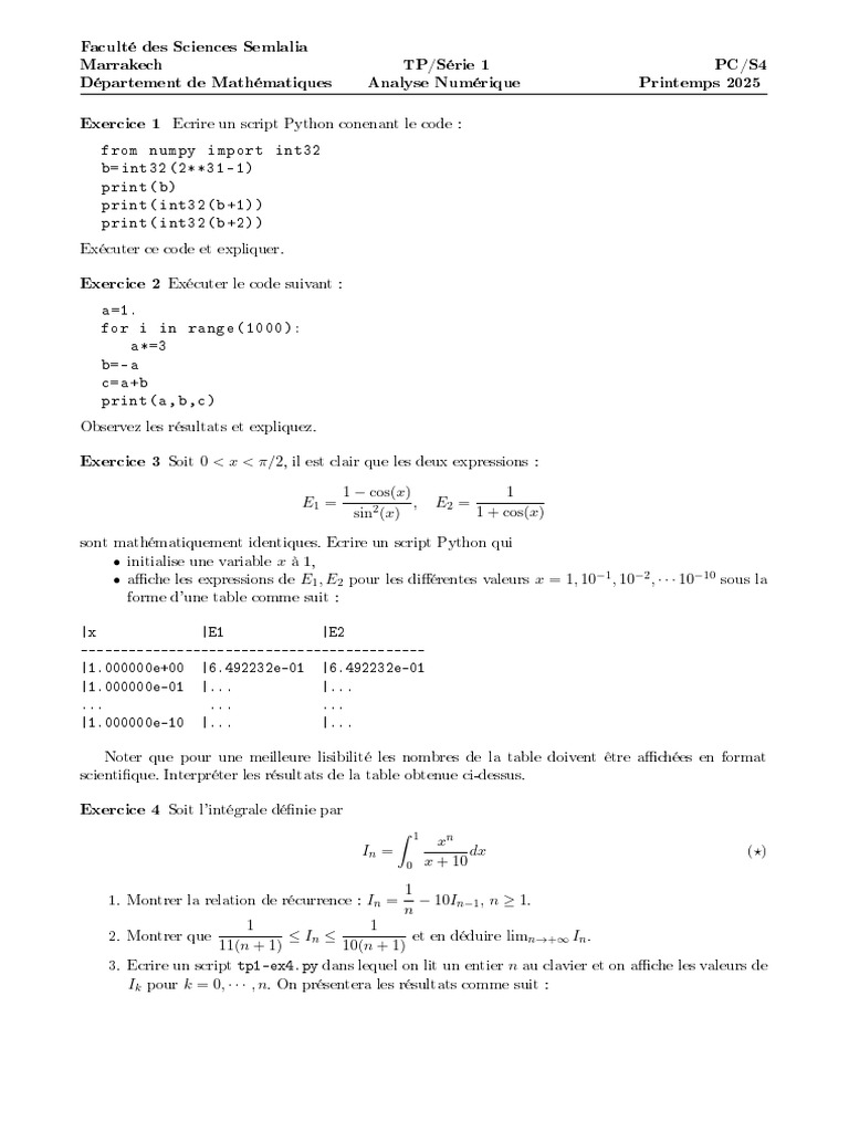 Analyse Numérique : Exercices Python S4 | PDF