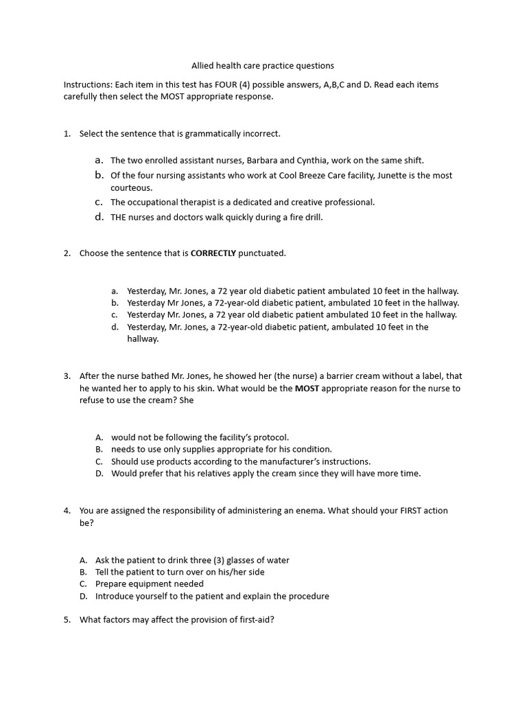 Allied Health Care Practice Questions | PDF | Nursing | Health Professional