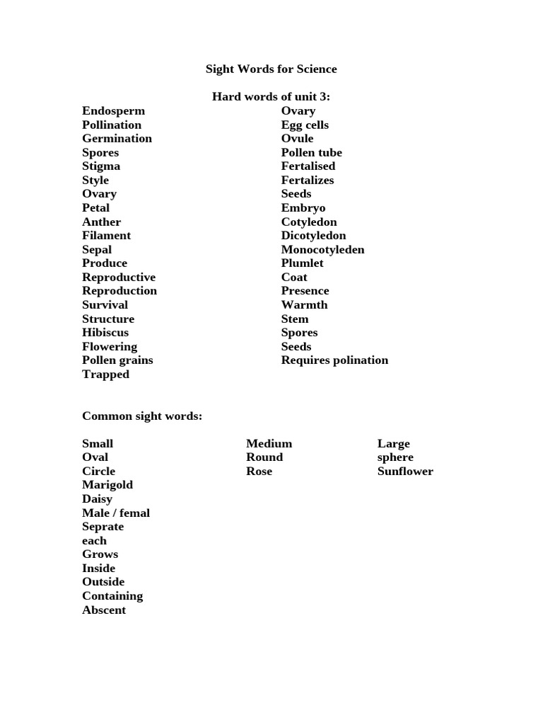 Sight Words For Science | PDF