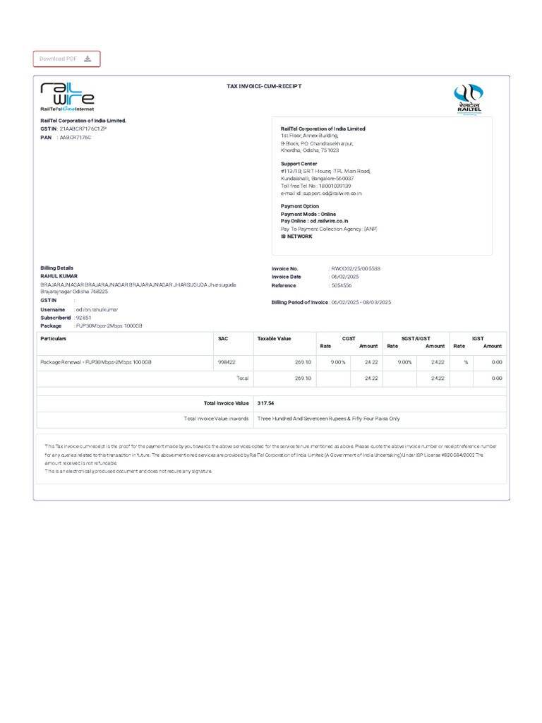 RailTel Tax Invoice for Internet Services | PDF | Government Finances ...