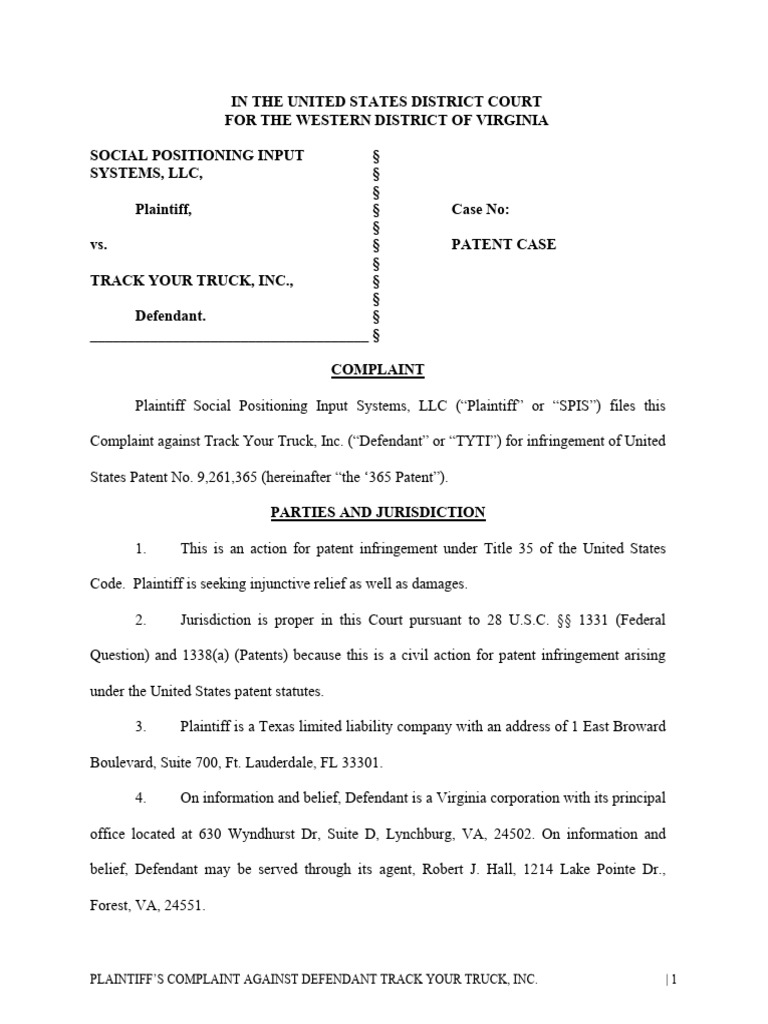 Patent Infringement Complaint Against TYTI | PDF | Complaint | Patent
