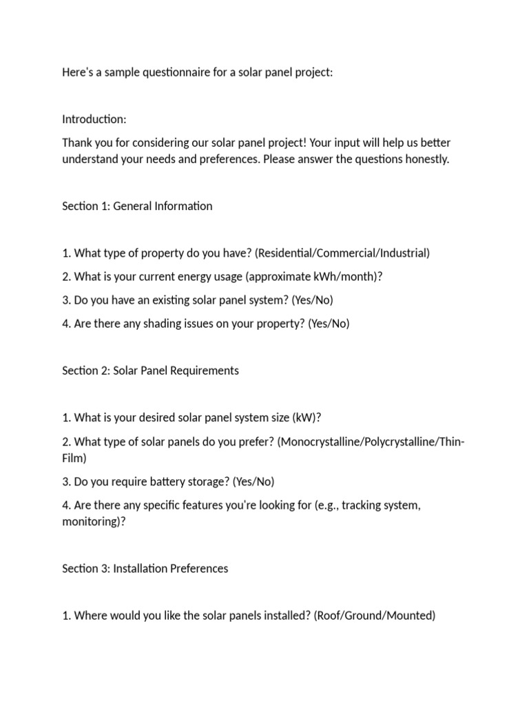 Solar Panel Project Questionnaire | PDF
